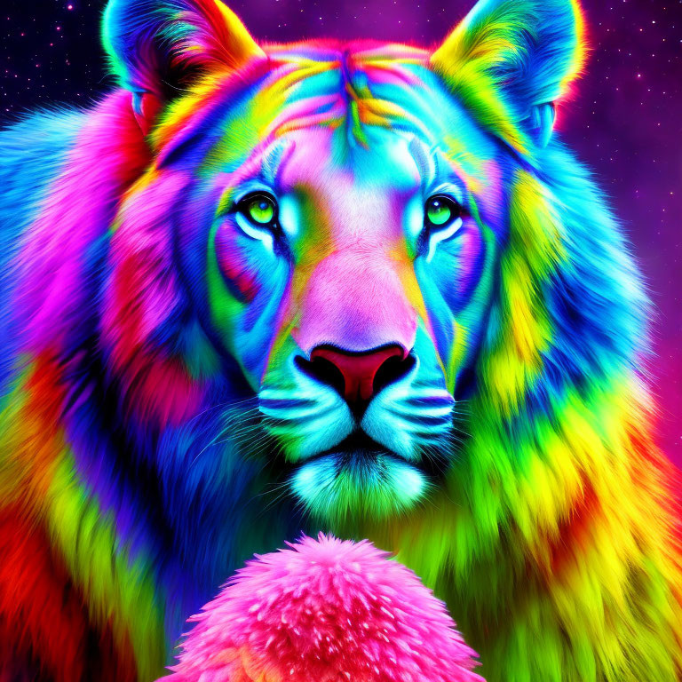 Colorful lion's head on psychedelic background: vibrant, multicolored with surreal artistic vibe