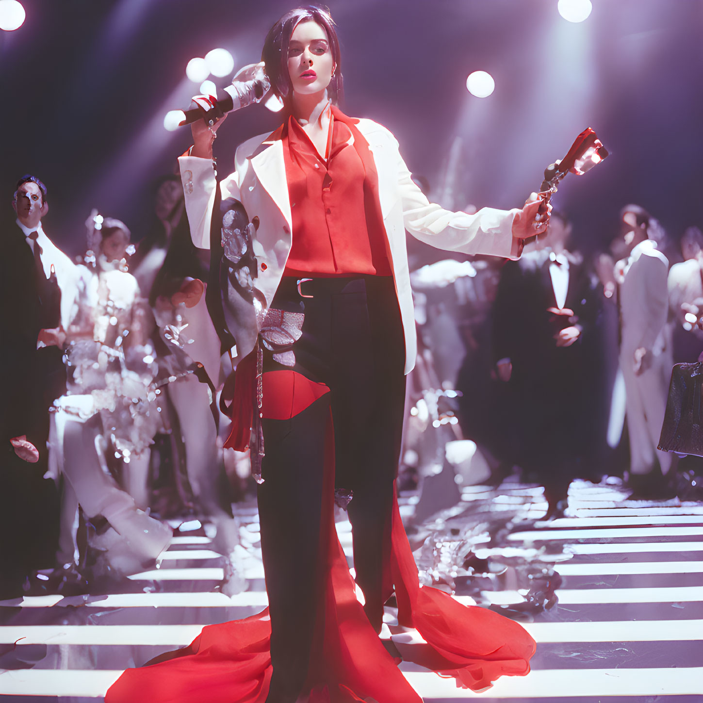 Performer in Red and White Outfit on Stage with Backup Dancers