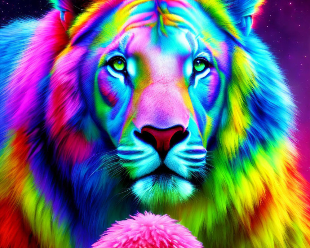 Colorful lion's head on psychedelic background: vibrant, multicolored with surreal artistic vibe