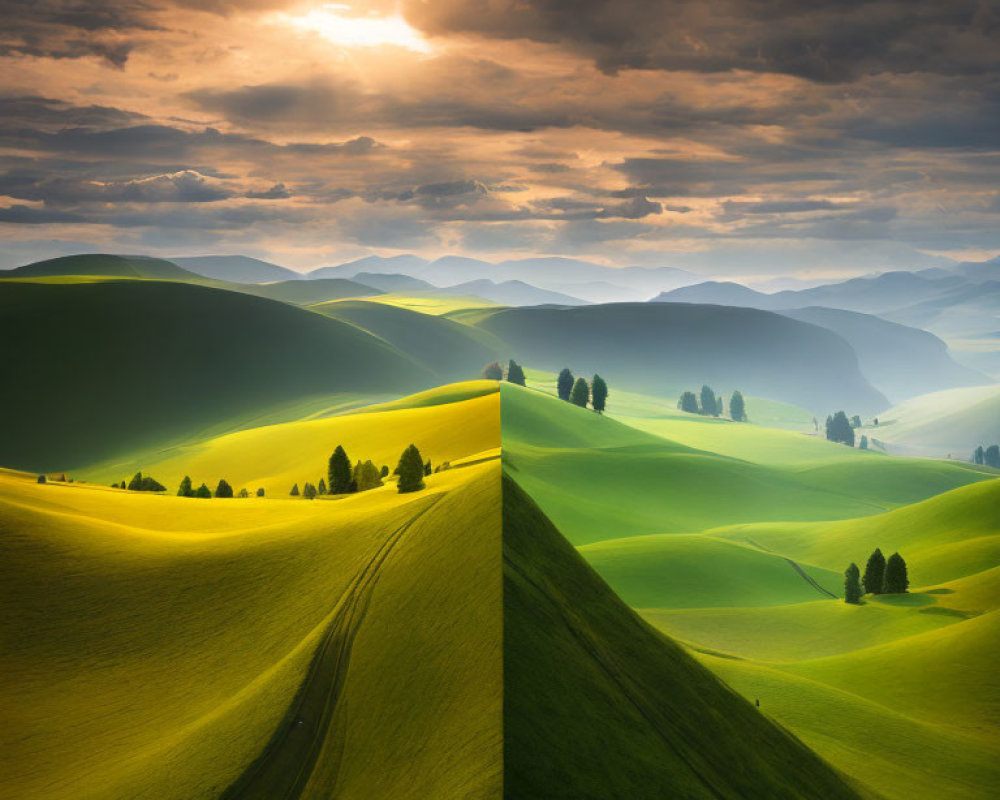 Dramatic sky over rolling green hills with sunburst contrast