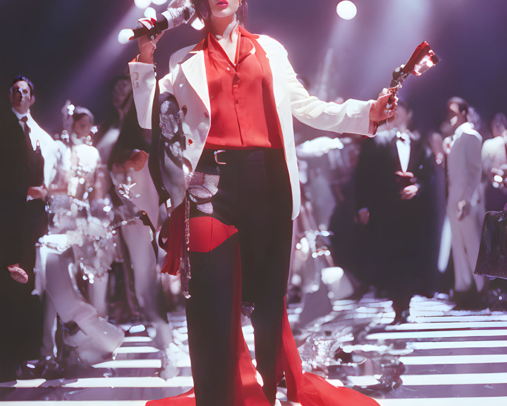 Performer in Red and White Outfit on Stage with Backup Dancers