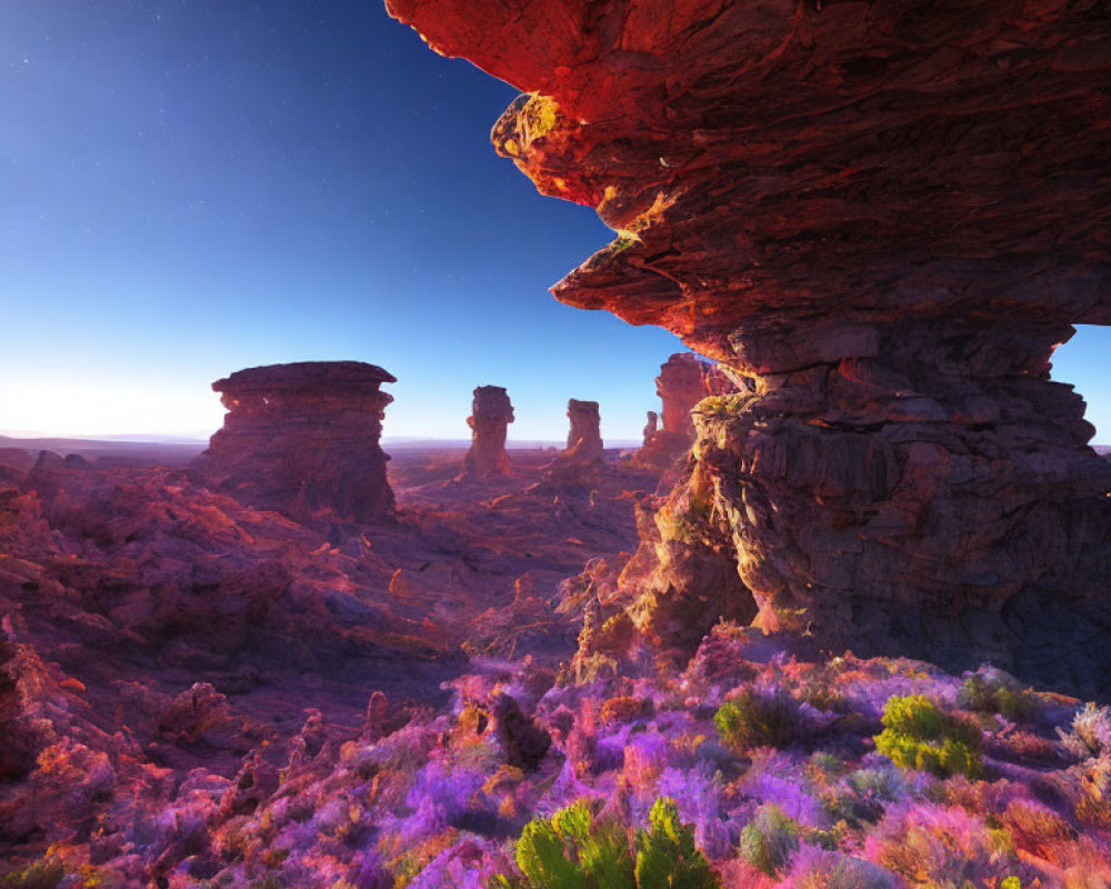 Majestic rock formations and purple flora in twilight landscape