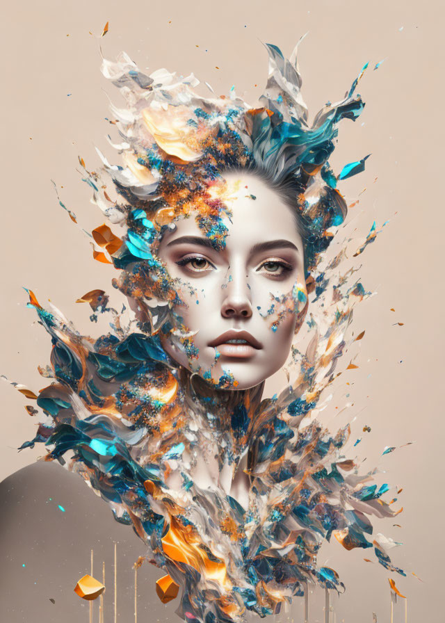 Colorful fragmented shapes surround woman's face in digital artwork