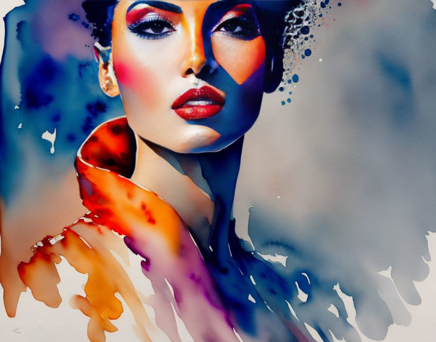 Colorful Abstract Portrait of Woman with Vibrant Watercolor Splashes