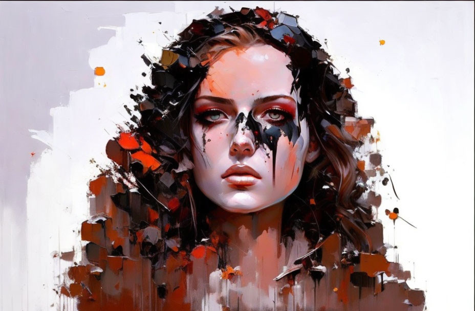 Abstract splattered design portrait of a woman with vibrant colors and stark black details