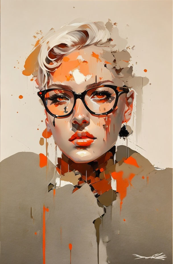 Portrait of Person with Glasses in Warm Splattered Paint on Light Background