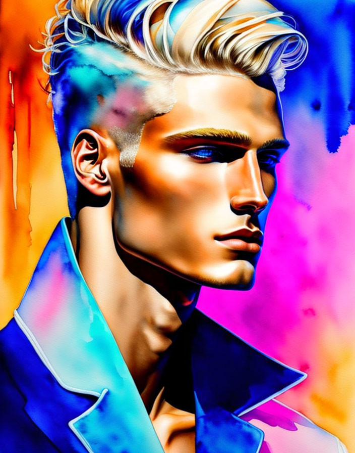 Vibrant portrait of a stylized man with slicked-back blonde hair in blue suit