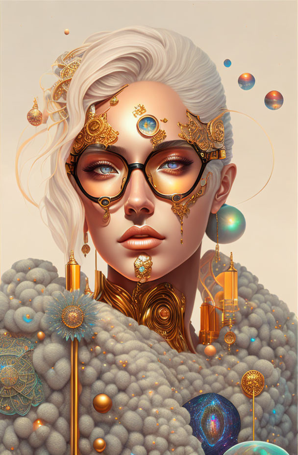 Detailed digital art: Woman with golden eyewear, bubbles, lantern-like objects on cream background