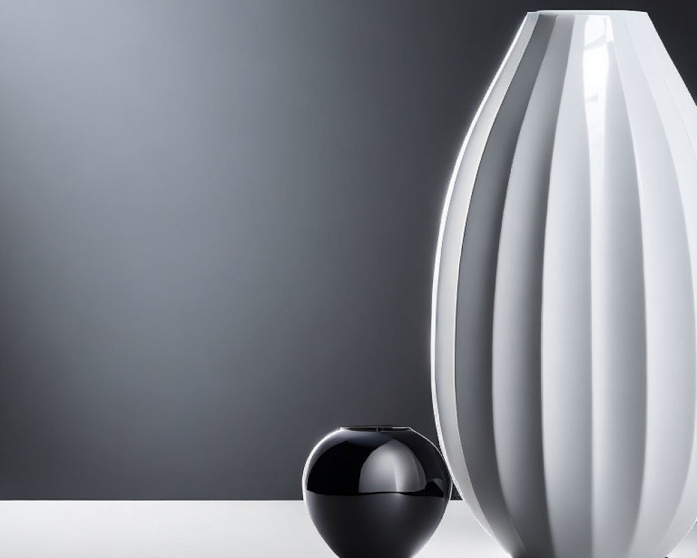 White Ribbed Vase and Black Sphere on Reflective Surface: Minimalist Still Life Composition