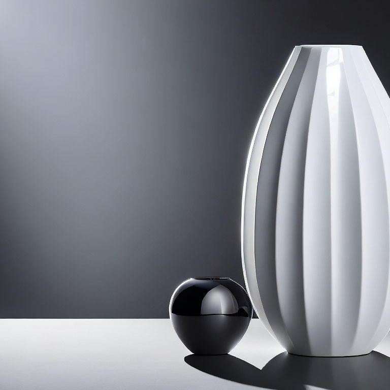 White Ribbed Vase and Black Sphere on Reflective Surface: Minimalist Still Life Composition