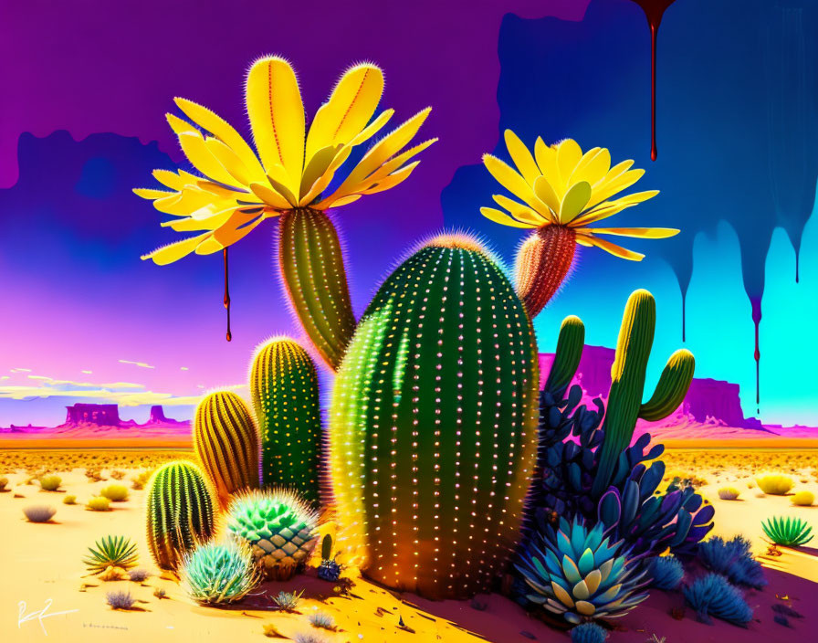 Surreal desert digital art with stylized cacti and floating rocks