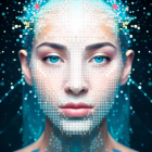 Digital artwork: Futuristic woman's face with pixelated skin and blue eyes