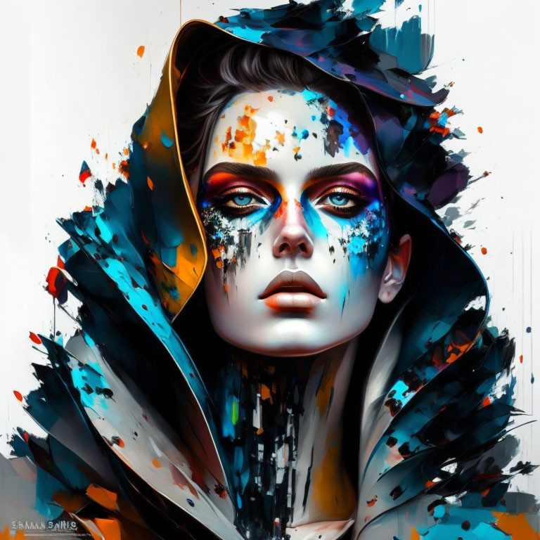 Vivid digital artwork of a woman with striking blue eyes and dynamic blue and black strokes