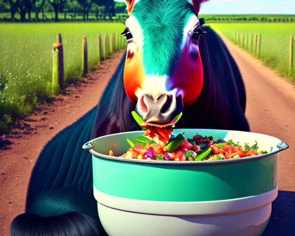 Colorful Donkey with Human-Like Face Behind Salad Bowls on Rural Road