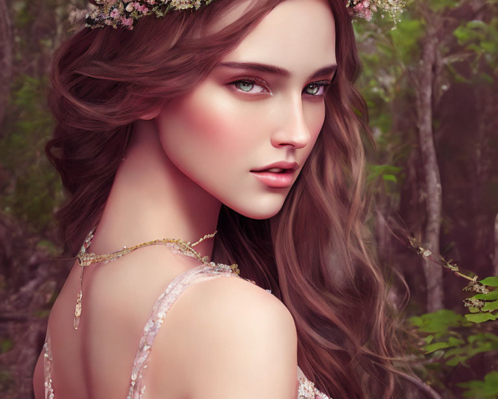 Digital artwork of woman with floral crown and pink dress in forest