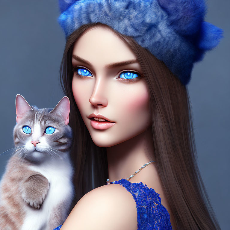 Woman with Blue Eyes Matching Siamese Cat's Eyes