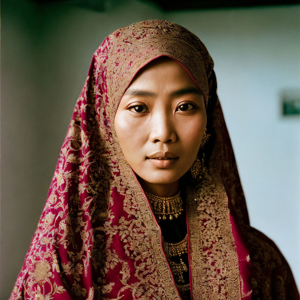 Woman in maroon hijab with golden embroidery exuding confidence