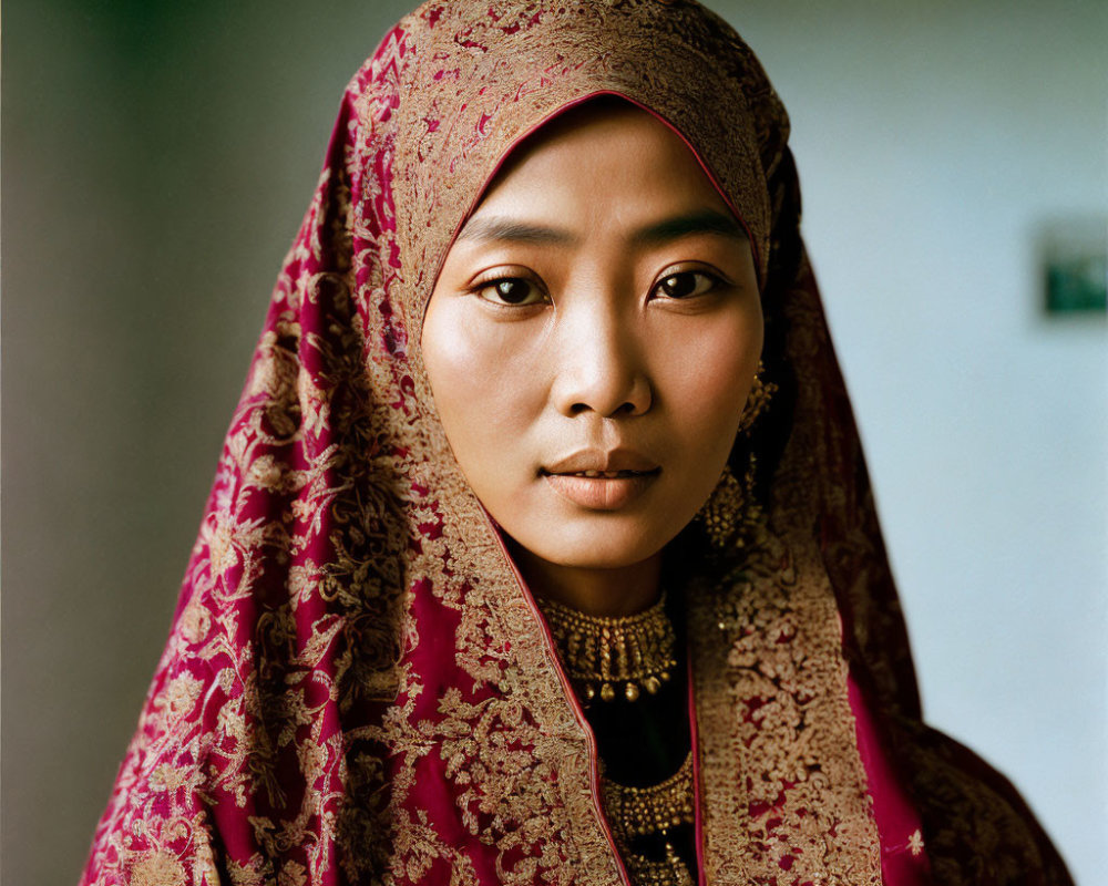 Woman in maroon hijab with golden embroidery exuding confidence