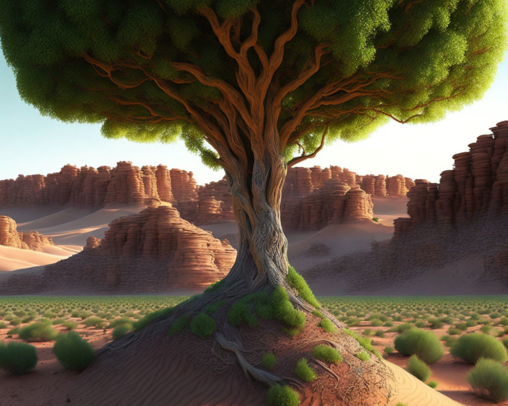 Solitary lush tree with thick trunk in desert landscape