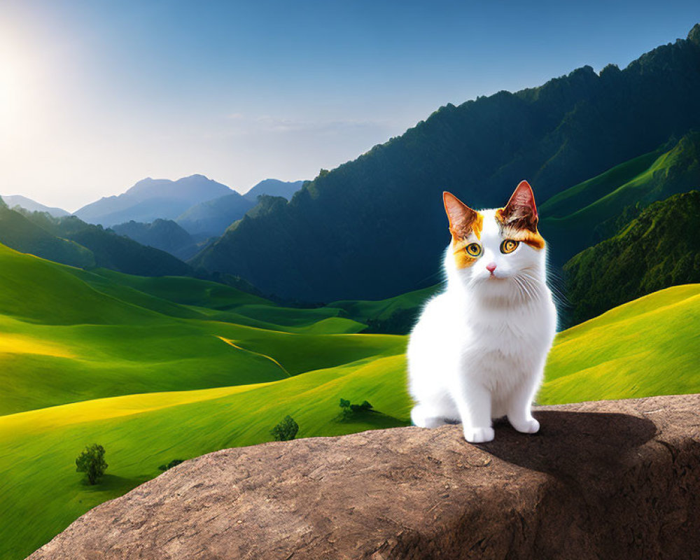 White Cat with Orange-Black Patches on Rock in Green Hills