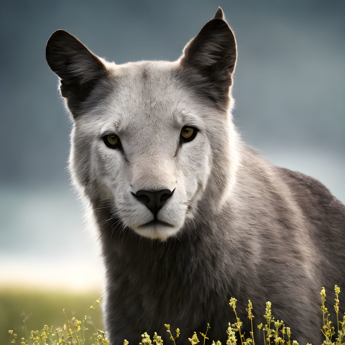 Grey Wolf Close-Up with Yellow Eyes in Field of Yellow Flowers