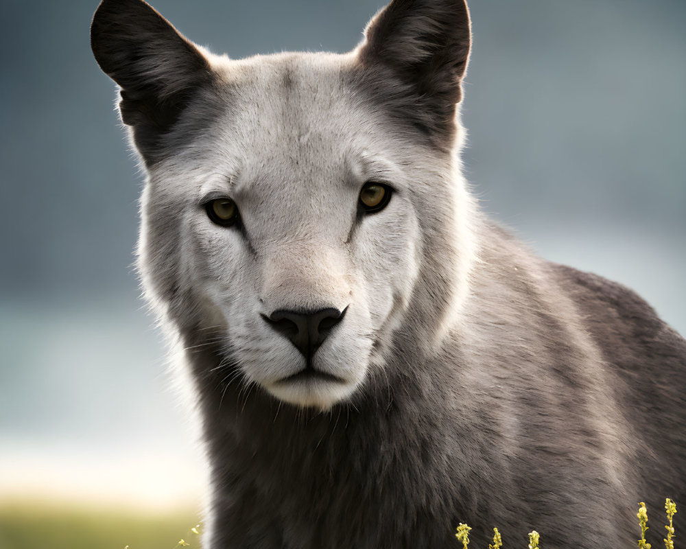 Grey Wolf Close-Up with Yellow Eyes in Field of Yellow Flowers