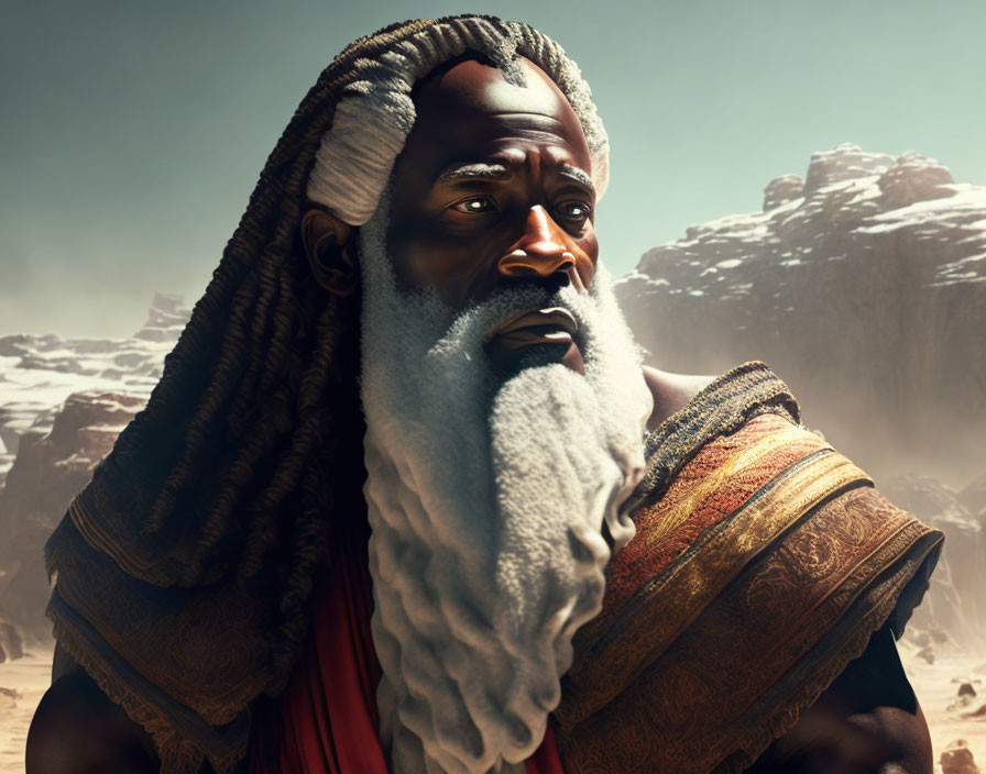 Elder man with white beard in red garment against desert backdrop