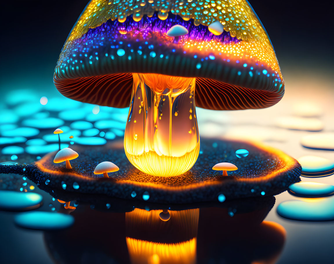 Colorful Glowing Mushroom on Reflective Surface