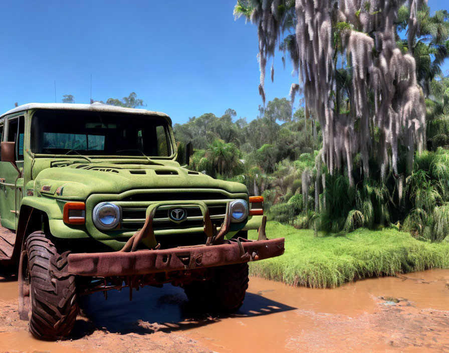 Green off-road vehicle parked by muddy water body with moss trees and blue sky