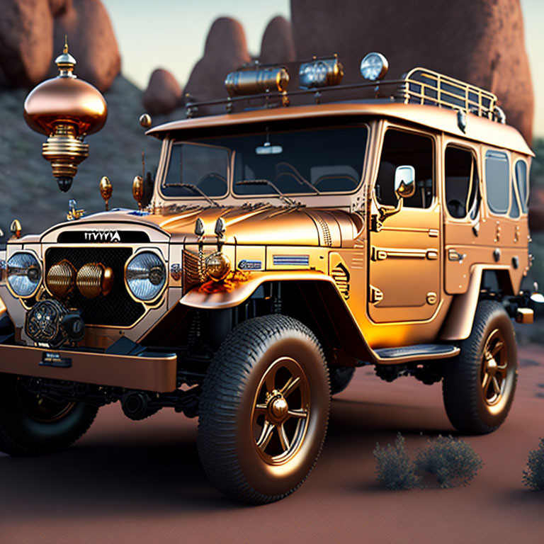 Stylized vintage off-road vehicle in desert with fantasy airship