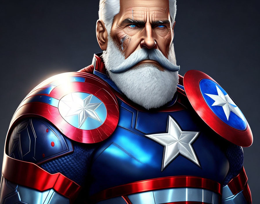 Aged superhero with white beard in blue suit with red accents and shield.