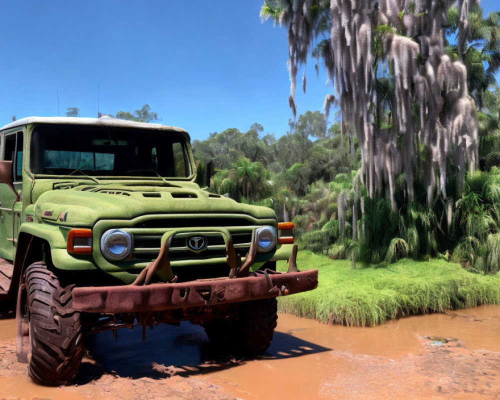 Green off-road vehicle parked by muddy water body with moss trees and blue sky