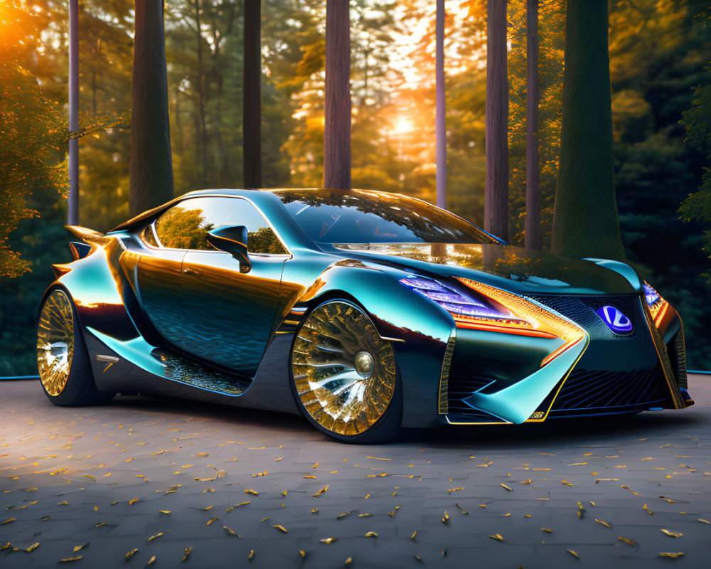 Shimmering Blue Sports Car with Gold-Rimmed Wheels on Forest Road at Sunset