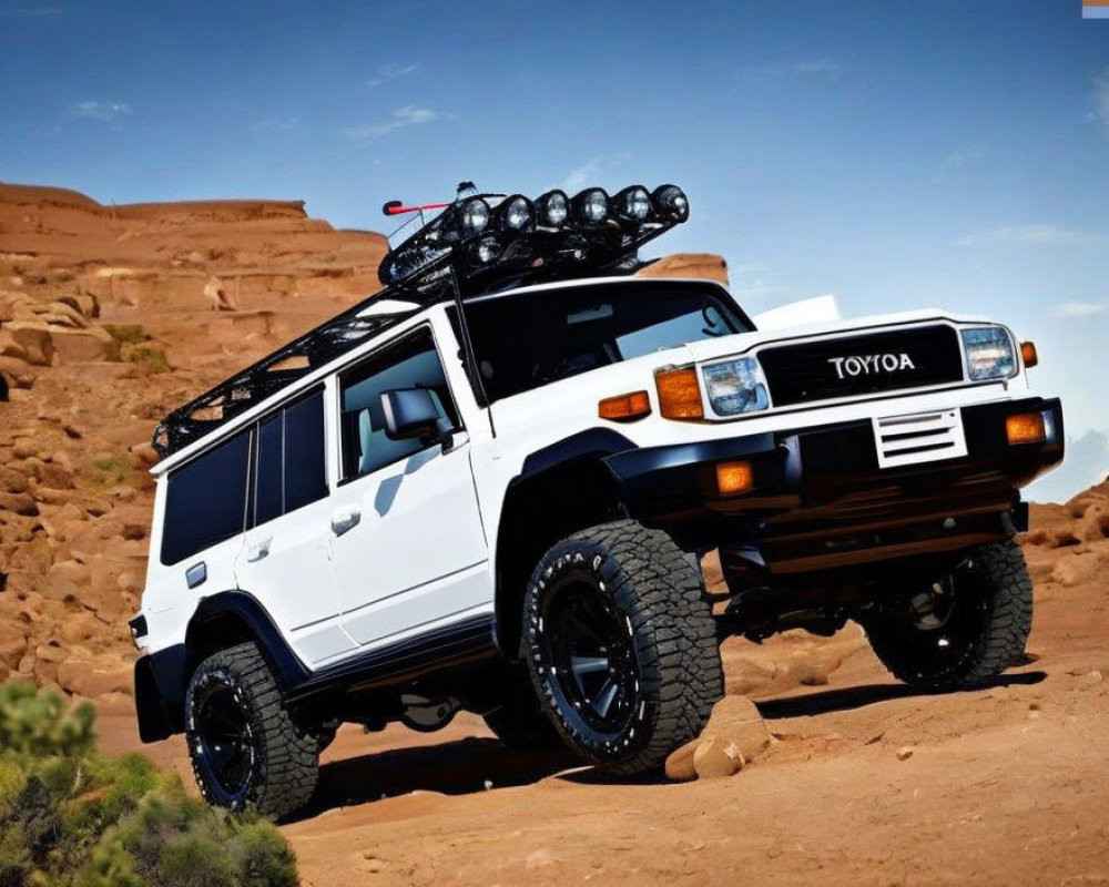 White Toyota off-road SUV with roof rack and extra lights parked in rocky desert under clear blue sky