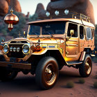 Stylized vintage off-road vehicle in desert with fantasy airship