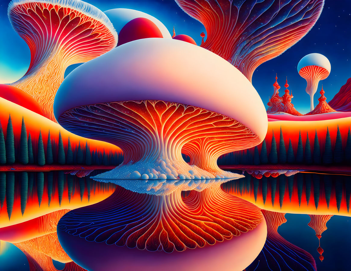 Colorful Digital Art: Oversized Mushrooms Reflecting on Water