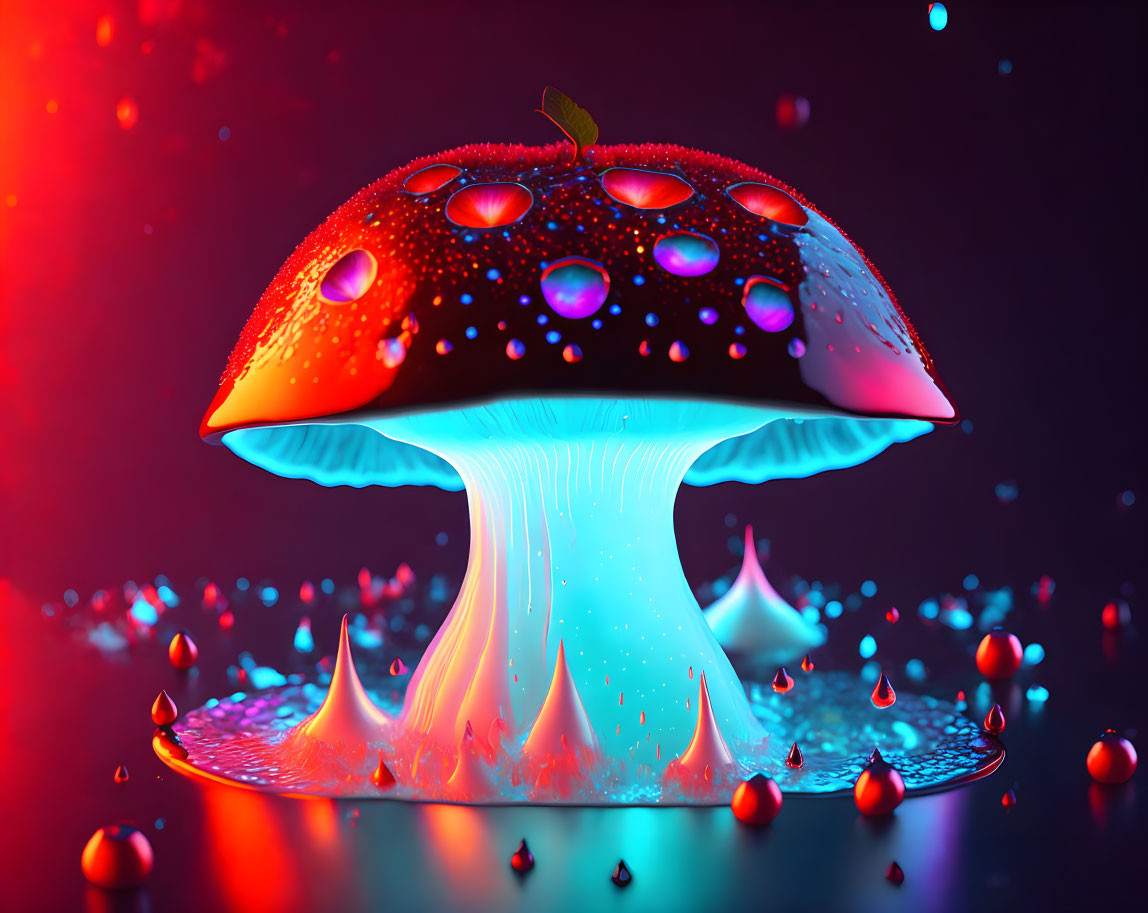 Digitally-rendered glowing mushroom in blue light on red backdrop with floating water droplets