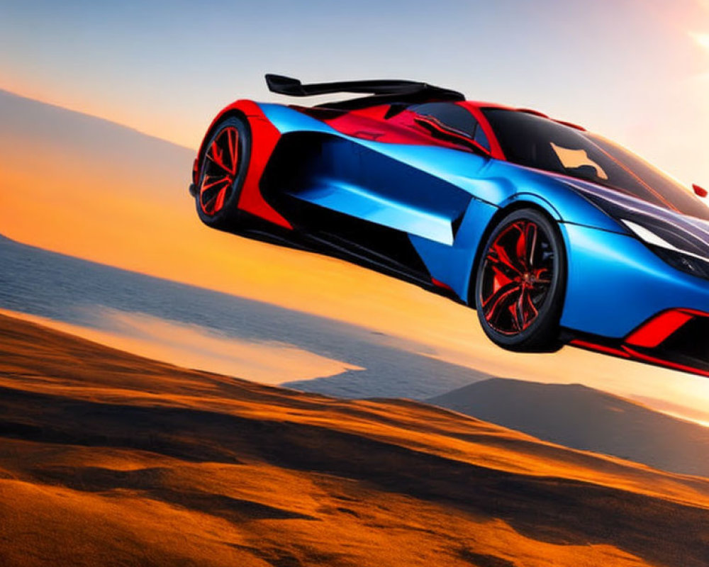 Dynamic blue sports car with red accents speeding on desert road at sunset