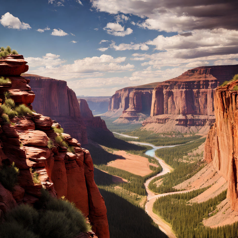 Scenic river winding through deep canyon with red cliffs