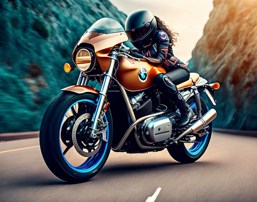 Motorcycle rider in full gear on gold and black bike navigating mountain road