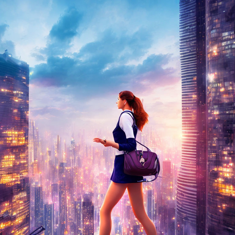 Woman in sporty attire with backpack amid futuristic cityscape at sunset