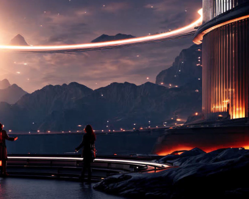 Futuristic balcony scene with mountainous cityscape view