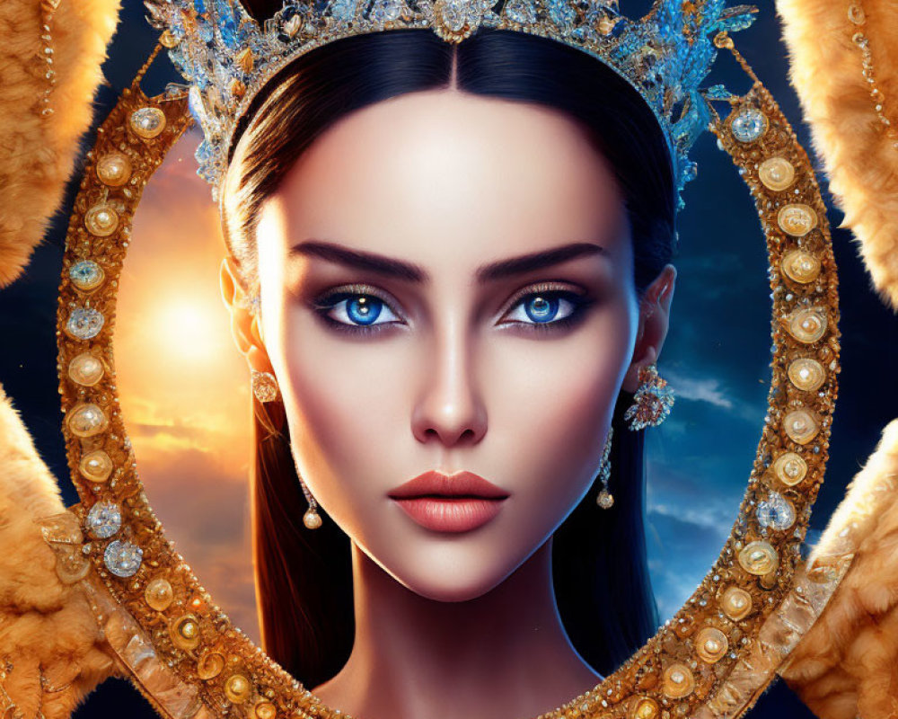 Portrait of Woman with Striking Blue Eyes and Jewel-Encrusted Crown in Golden Mirror