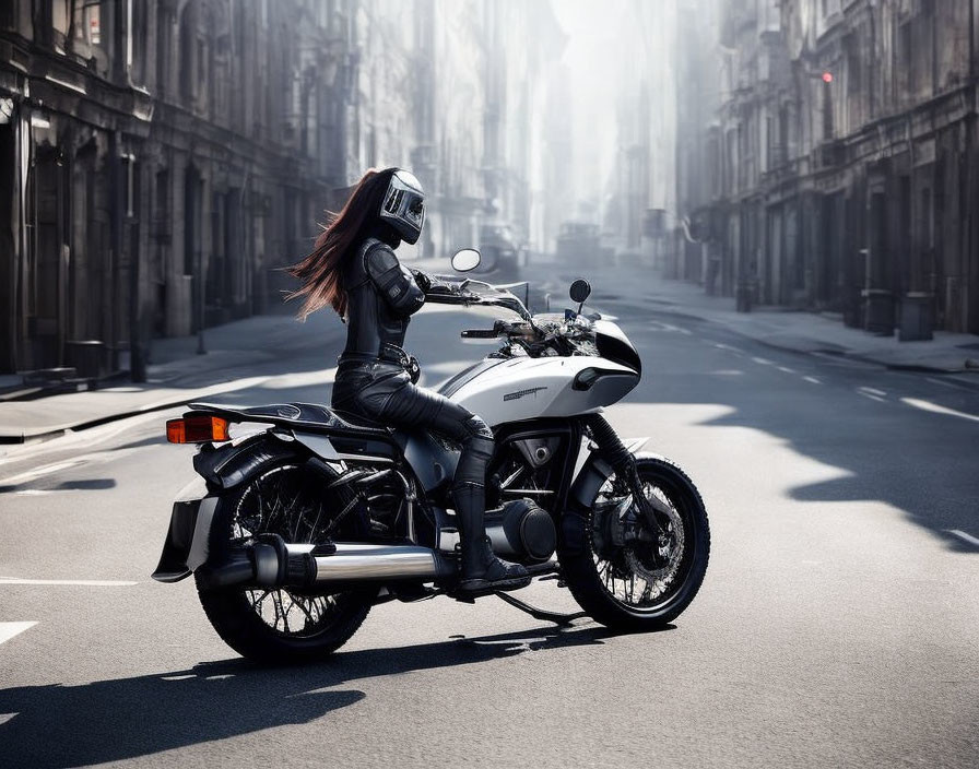 Person in black jacket and helmet on motorcycle in deserted urban street with shadows.