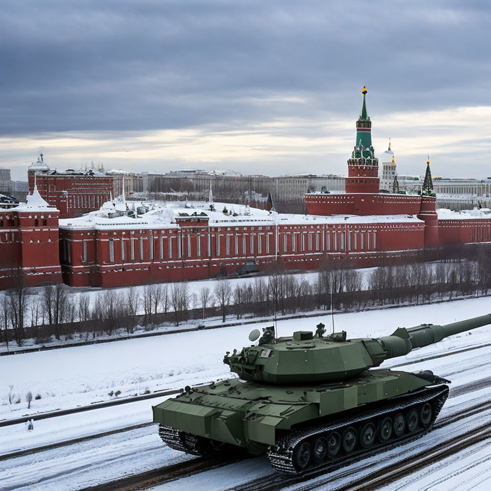 Green military tank on snowy terrain with Moscow Kremlin in background.