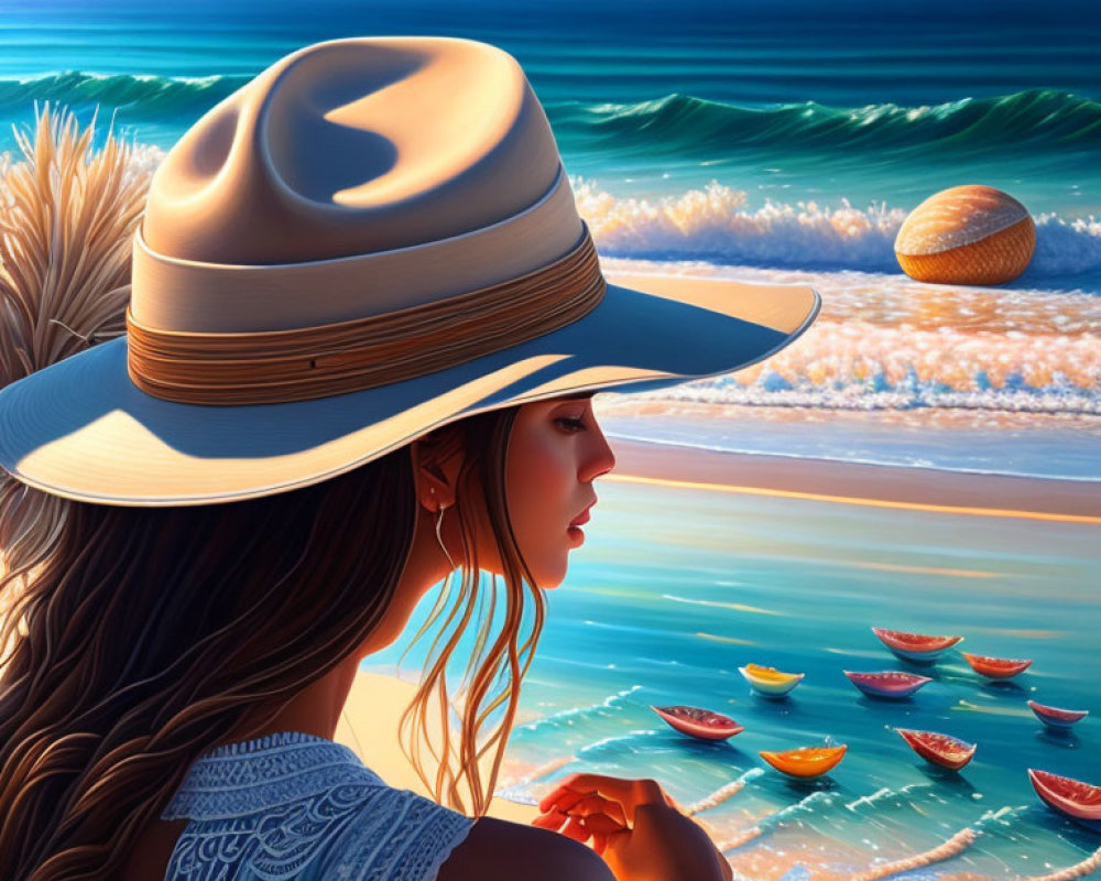 Scenic beach with colorful boats and woman in wide-brimmed hat