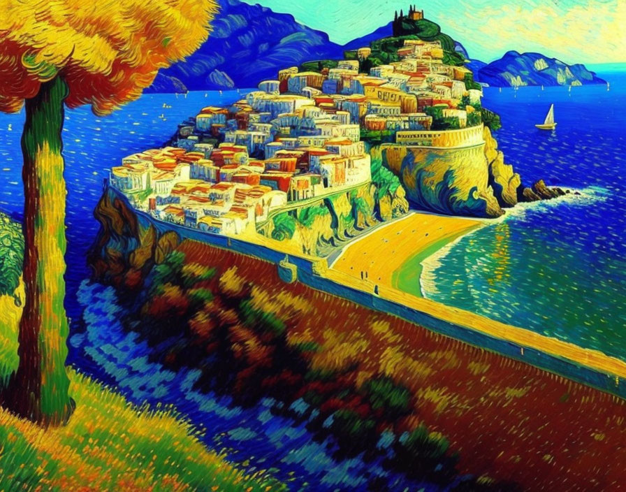 Colorful coastal village painting with castle and sea view