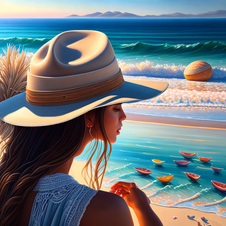 Scenic beach with colorful boats and woman in wide-brimmed hat