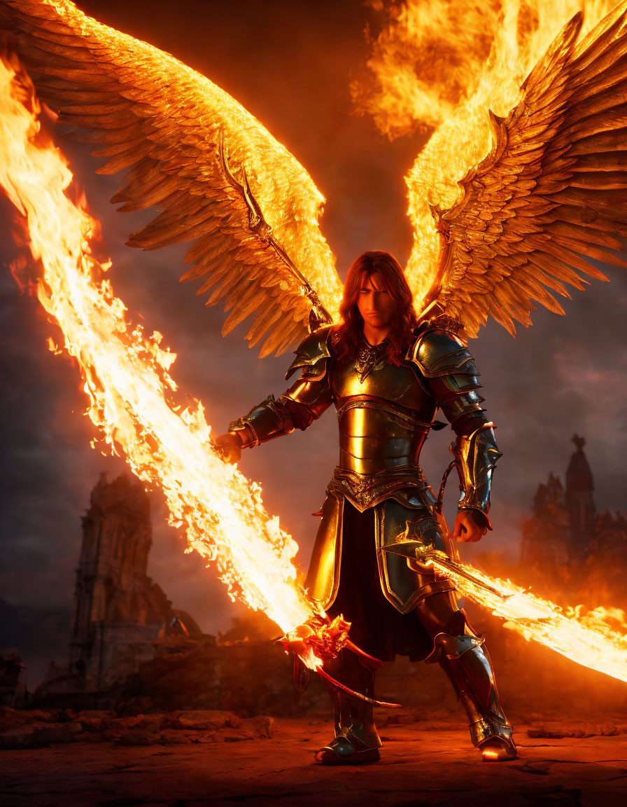 Fiery-winged figure with sword in dramatic apocalyptic setting
