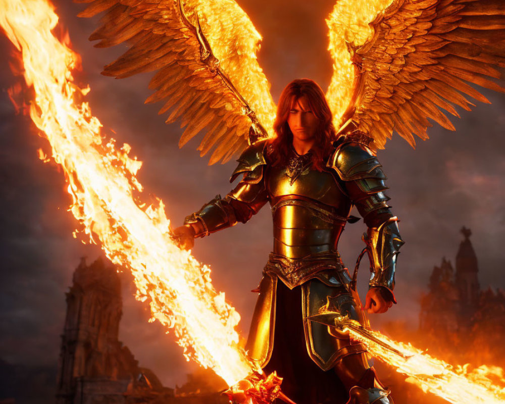 Fiery-winged figure with sword in dramatic apocalyptic setting